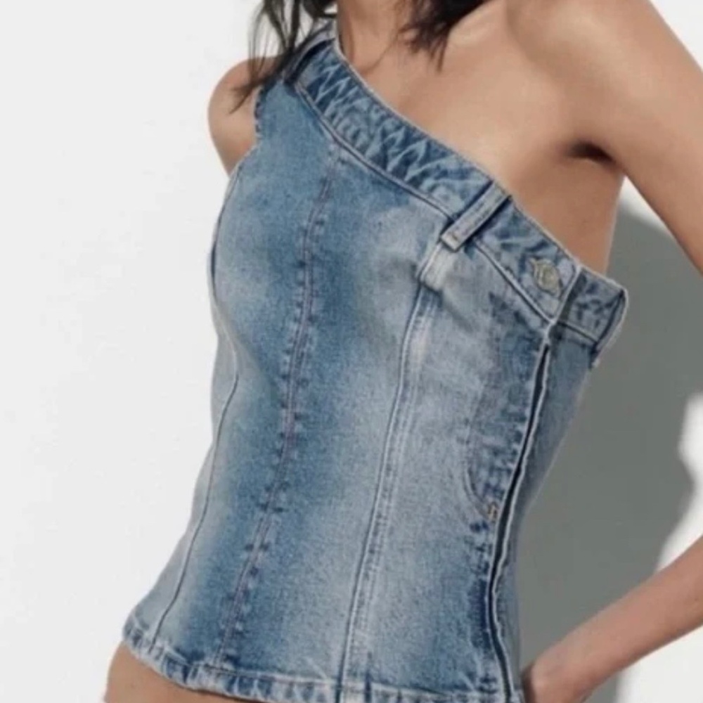 NWT ZARA ONE SHOULDER DENIM TOP S